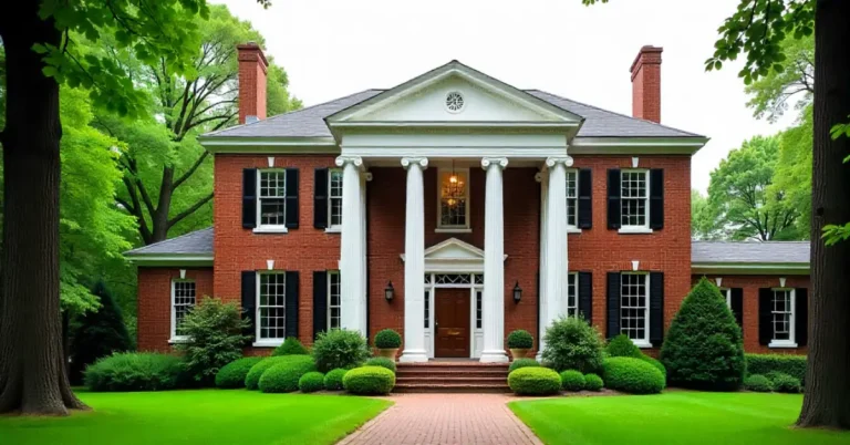 Front view showing the classic Georgian layout of Nichols House JHY with balanced windows and lush gardens.