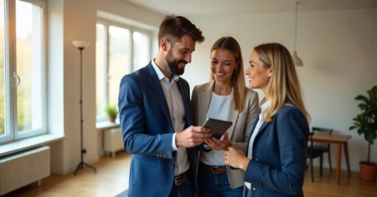 Professional Mietmaklers showing apartment listings to young tenants on tablet in modern German rental property