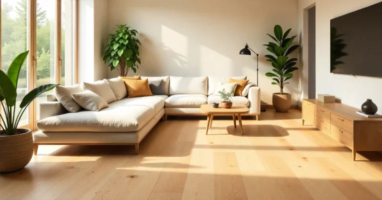 Warm honey-gold Ndure Sierra Cypress Flooring in a modern living room with natural light and cozy decor.
