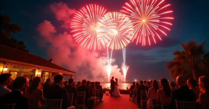 Norintino B Fireworks creating a stunning, colorful night sky during an elegant wedding celebration.