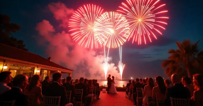 Norintino B Fireworks creating a stunning, colorful night sky during an elegant wedding celebration.