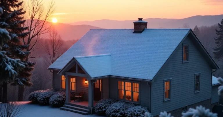 North Carolina Frosted Roof glistening at sunrise on a cold morning with light frost on shingles.
