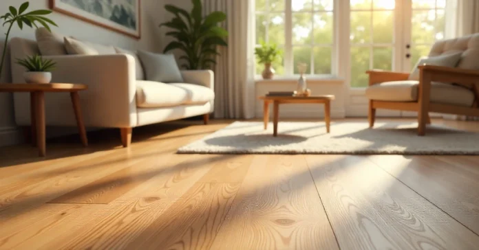 Modern living room with oak vinyl planks featured in our NuCore Flooring Review showing realistic wood texture.