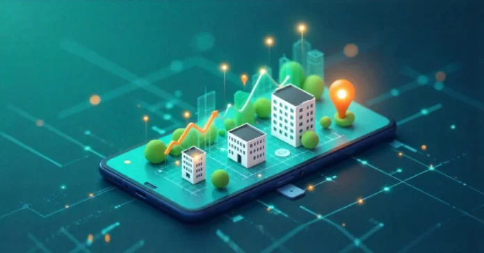 Pigeimmo digital real estate investment platform showing smartphone with property portfolio dashboard and fractional ownership features