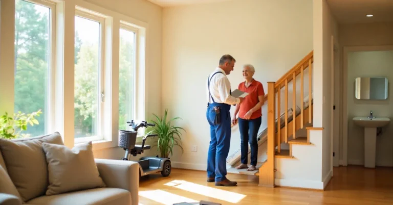 Technician installing stairlift for senior in a cozy home—RapidHomeDirect Stevenson mobility solution setup.