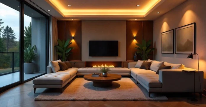 Modern living room showing ronin stegner lighting design with layered ambient task and accent lights creating warm atmosphere