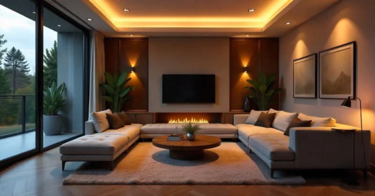 Modern living room showing ronin stegner lighting design with layered ambient task and accent lights creating warm atmosphere