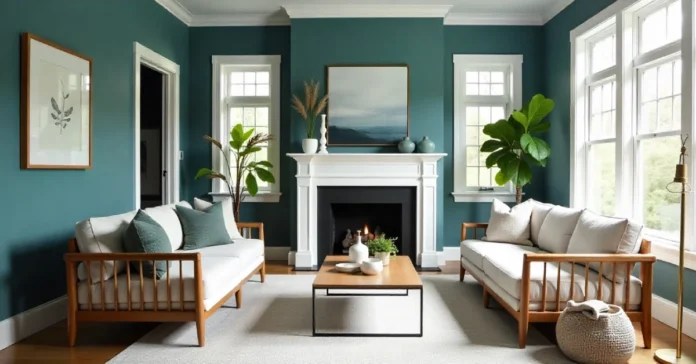 Sherwin Williams Moody Blue Modern living room with Sherwin Williams Moody Blue walls, warm lighting, white trim, and gold decor accents.