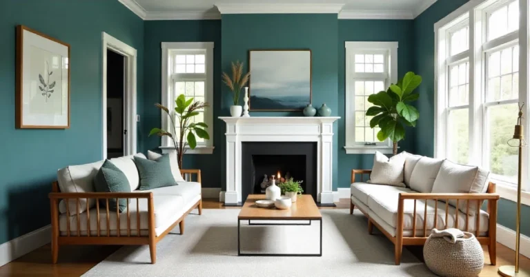 Modern living room with Sherwin Williams Moody Blue walls, warm lighting, white trim, and gold decor accents.