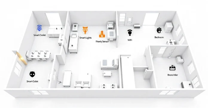 Smart Home Floor Plan Symbols Outlets Smart Lights Etc showing devices, outlets, and lighting layout.