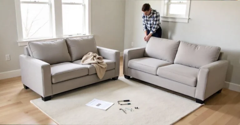 Styleline Stonemeade Living Room Assembly setup showing sofa, loveseat, and tools arranged neatly during assembly.