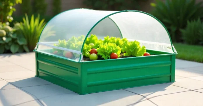 Timberlake Raised Garden Greenhouse Setup for Year-Round Growing Timberlake Raised Garden Greenhouse with green steel frame and clear cover growing vegetables on outdoor patio