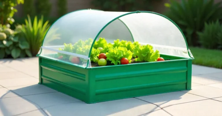 Timberlake Raised Garden Greenhouse with green steel frame and clear cover growing vegetables on outdoor patio