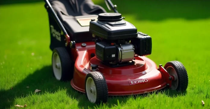 Toro Lawn Mower Model 22171 Toro Lawn Mower Model 22171 cutting grass with Kawasaki engine and cast aluminum deck in a green backyard.