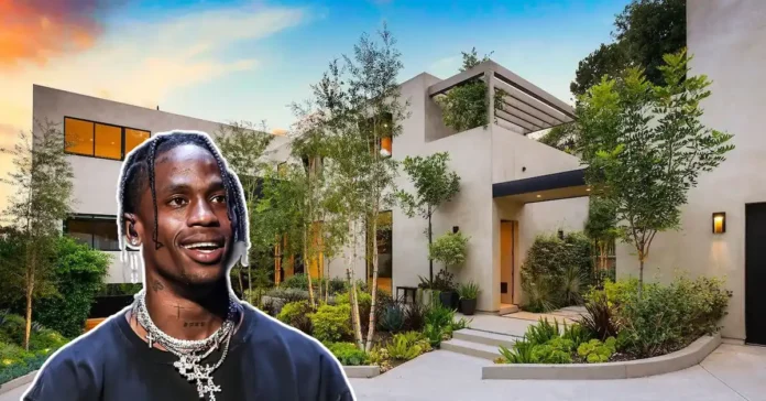 Travis Scott Brentwood Mansion Exterior with Infinity Pool Travis Scott house exterior with 75-foot infinity pool overlooking Los Angeles skyline