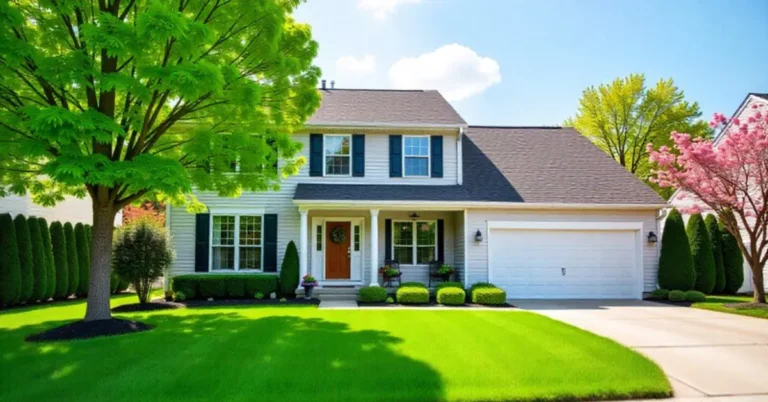 Different Types of Trees for Homes including shade tree, flowering tree, and evergreen privacy tree planted around suburban house