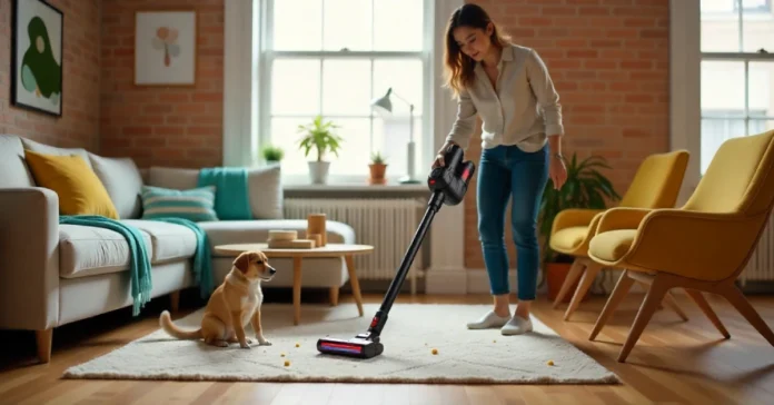 Young adult using Miracoup vacuum in a modern apartment, cleaning pet hair with LED headlights, per Vacuum Review Miracoup.