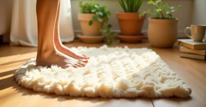 Wollmatten Natural Wool Mat for Sustainable Home Comfort Wollmatten natural wool mat on wooden floor showing soft texture and home comfort