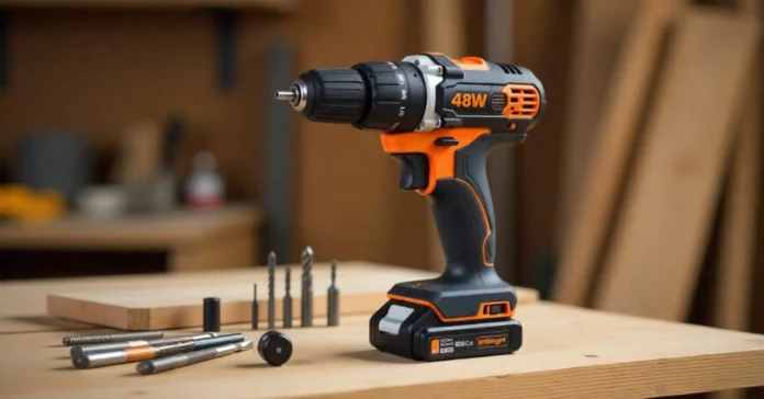 YWMLFZ 48W Cordless power tool on workshop bench with drill bits and sanding attachments showing USB-C charging port