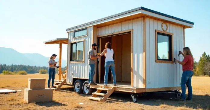 dzzyg Tiny Home Kit People assembling a steel-frame dzzyg Tiny Home Kit outdoors, creating a compact modern living space.