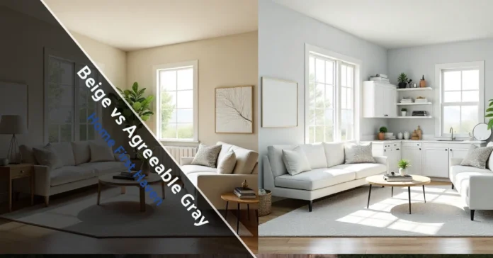 Side-by-side living rooms showing Accessible Beige vs Agreeable Gray wall colors in natural light.
