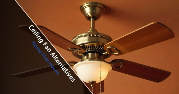 Living room showcasing modern Ceiling Fan Alternatives like tower fans, pedestal fans, and a portable AC unit.