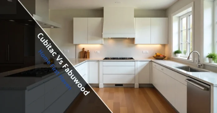 Showroom cabinet display highlighting Cubitac vs Fabuwood styles, finishes, and construction quality for kitchen remodels.