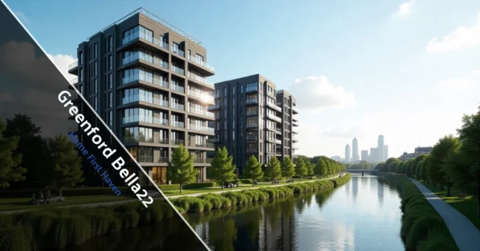 Modern Greenford Bella22 apartments in West London with glass buildings, greenery, and canal views.