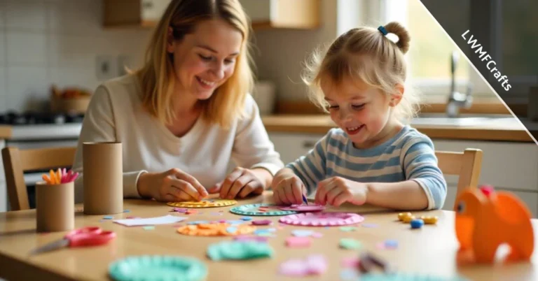Parent and child creating LWMFCrafts DIY projects together using recycled materials and household items at kitchen table