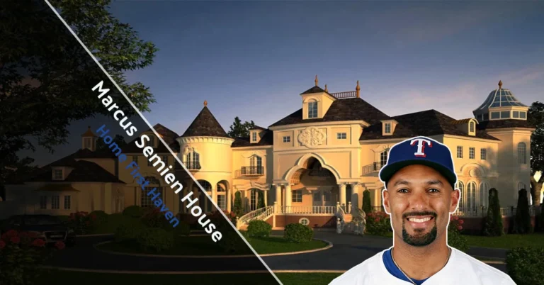Exterior view of the Marcus Semien House showing its stone design, large windows, and landscaped Texas property.