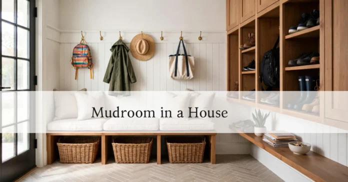 Bright modern mudroom with wooden bench, storage baskets, coat hooks, and durable tile flooring near a glass-paned side door