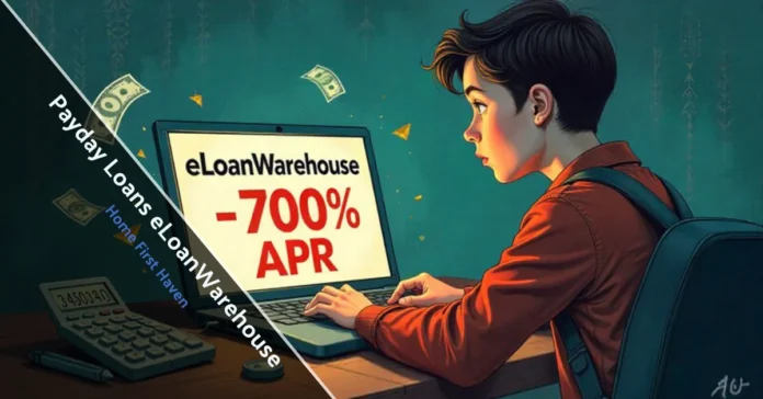 Person reviewing payday loans eLoanWarehouse application on laptop showing high APR rates and loan costs