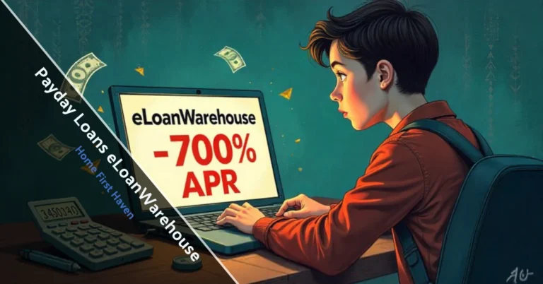 Person reviewing payday loans eLoanWarehouse application on laptop showing high APR rates and loan costs