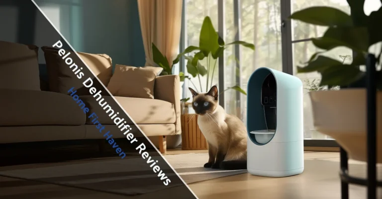 Pelonis dehumidifier reviews show white unit with digital display removing moisture in modern basement setting