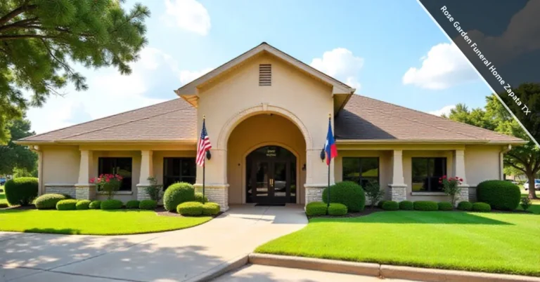 Rose Garden Funeral Home building in Zapata TX with landscaped entrance and parking area