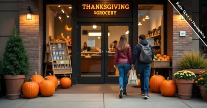 Stores Open on Thanksgiving 2025 - Grocery Shopping Hours Grocery store entrance with shoppers entering to find stores open on Thanksgiving 2025 with modified holiday hours