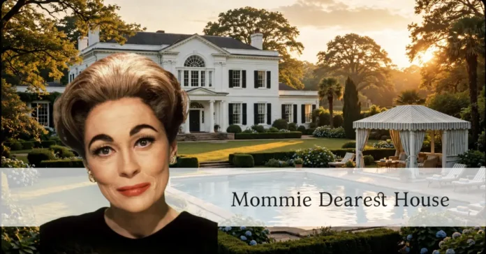Mommie Dearest House exterior with pool and cabana at 355 South Mapleton Drive, Holmby Hills.