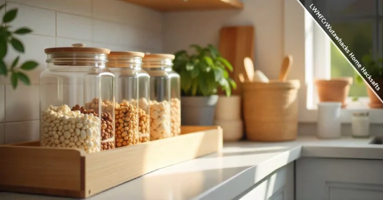 Organized kitchen showing Wutawhacks home hacks with clear containers drawer dividers and wall hooks for storage