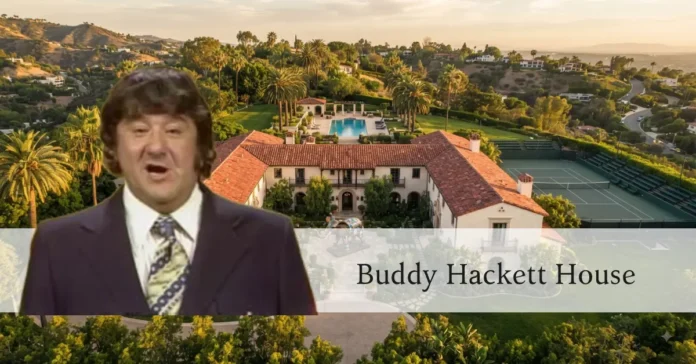 Aerial view of the legendary Buddy Hackett house in Beverly Hills featuring an elephant statue and pool.