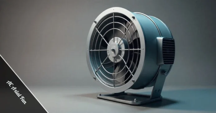 AC axial fan with aluminum housing and protective wire guard showing rotating blades for industrial cooling applications
