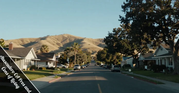 Atascadero CA Pros and Cons of Living illustrated through peaceful streets, oak trees, affordable homes, and calm lifestyle.