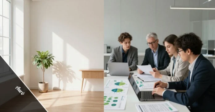 Aurö Wellness Philosophy and Academic Research Workshop Visual Comparison Split image showing Aurö dual meaning with minimalist Nordic wellness interior and academic environmental economics research workshop