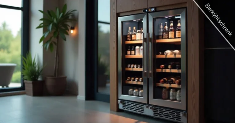 barkÿhlschrank beverage refrigerator with glass door showing organized drinks and temperature control