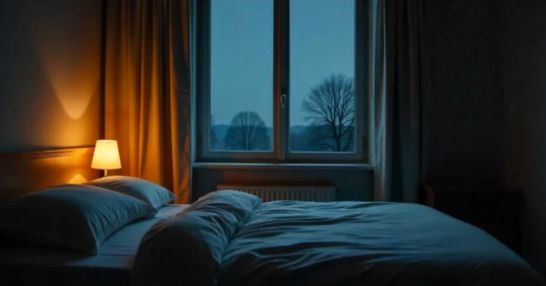 Parent reading basnicky na dobrou noc Czech bedtime poems to child in cozy bedroom at night with stars visible through window