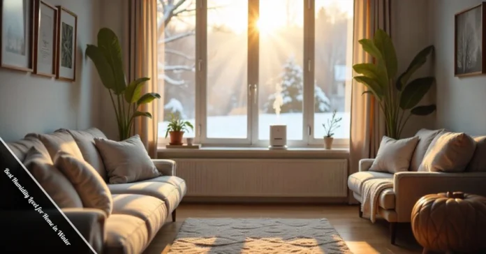 Best humidity level for home in winter shown with a hygrometer, humidifier, and cozy indoor living room