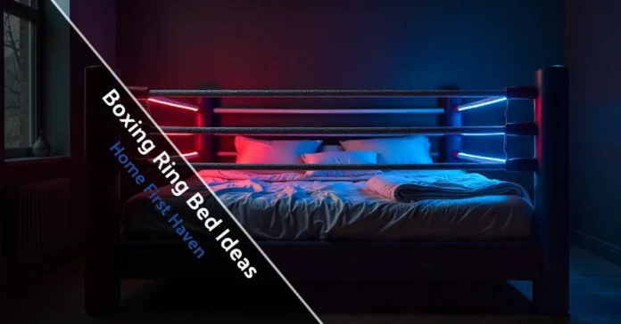 Boxing ring bed ideas featuring red and blue corner posts with white ropes in modern bedroom setting
