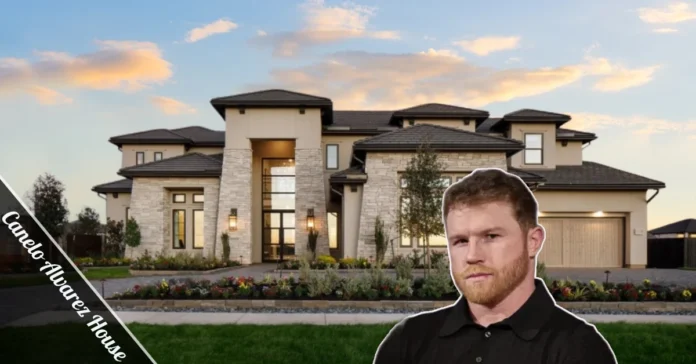 Canelo Álvarez house San Diego Del Mar estate exterior view with swimming pool waterfall and palm trees luxury mansion