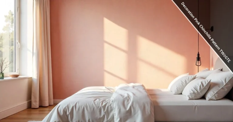 Bedroom accent wall featuring decoration pink chinchilla pattern TW2GTE with velvety texture, grey bed, and white linens