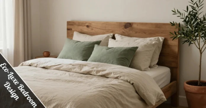 Eco-Luxe Bedroom Design with organic cotton bedding and reclaimed wood headboard in neutral minimalist luxury setting