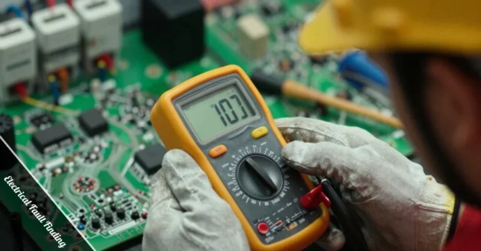 Electrician using digital multimeter for electrical fault finding on circuit board with safety gloves in professional setting